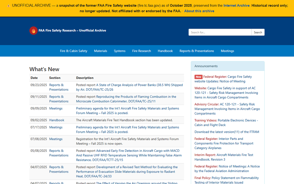 Screenshot of the FAA Fire Safety Research Archive homepage, a mirror of fire.tc.faa.gov